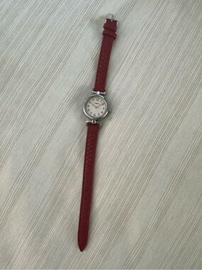 Vintage Timex Women's Red Leather Strap Silver Round Dial Watch